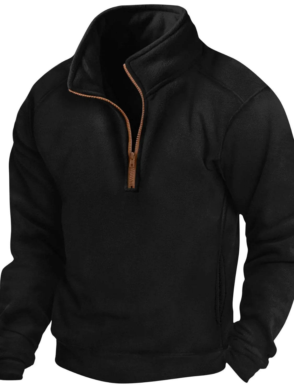 Men's full size half zip long sleeve sweatshirt in black, slightly stretchy polyester-spandex blend.