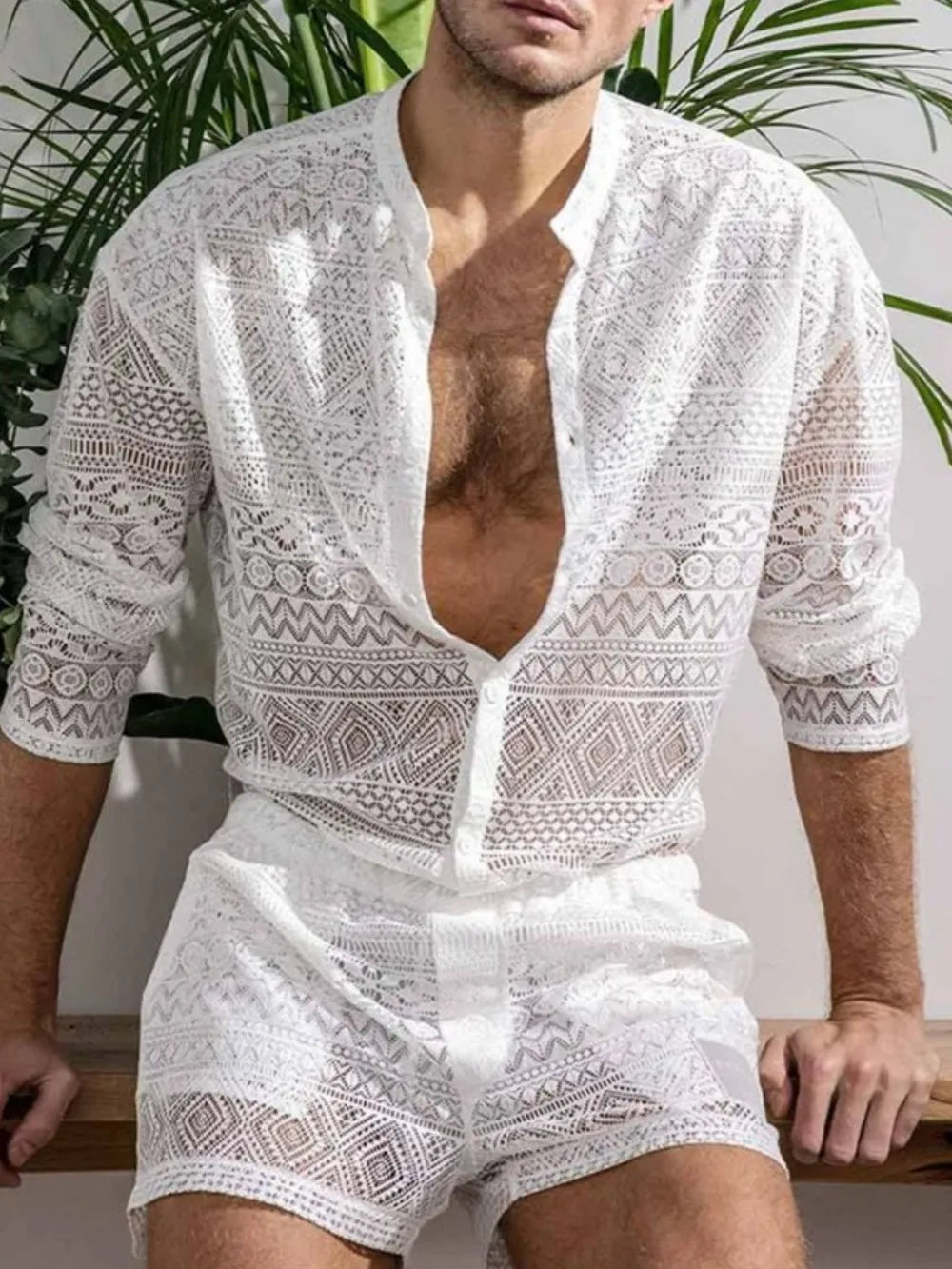 Men's full size lace button down top and shorts set, plus size, openwork design.