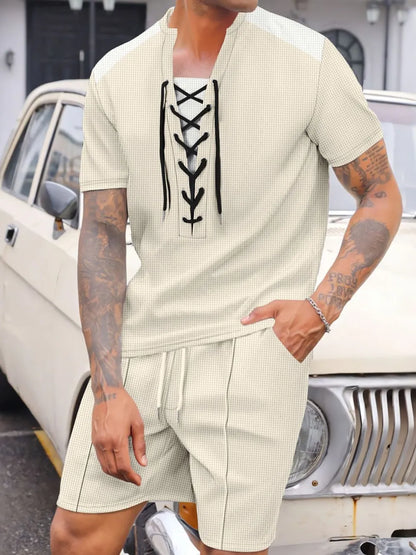 Men's full size lace-up waffle knit top and shorts set, plus size.