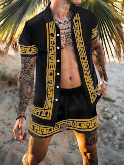 Men's full-size printed collared neck short sleeve top and shorts set, black with yellow patterns, slightly stretchy fabric, perfect for plus size.