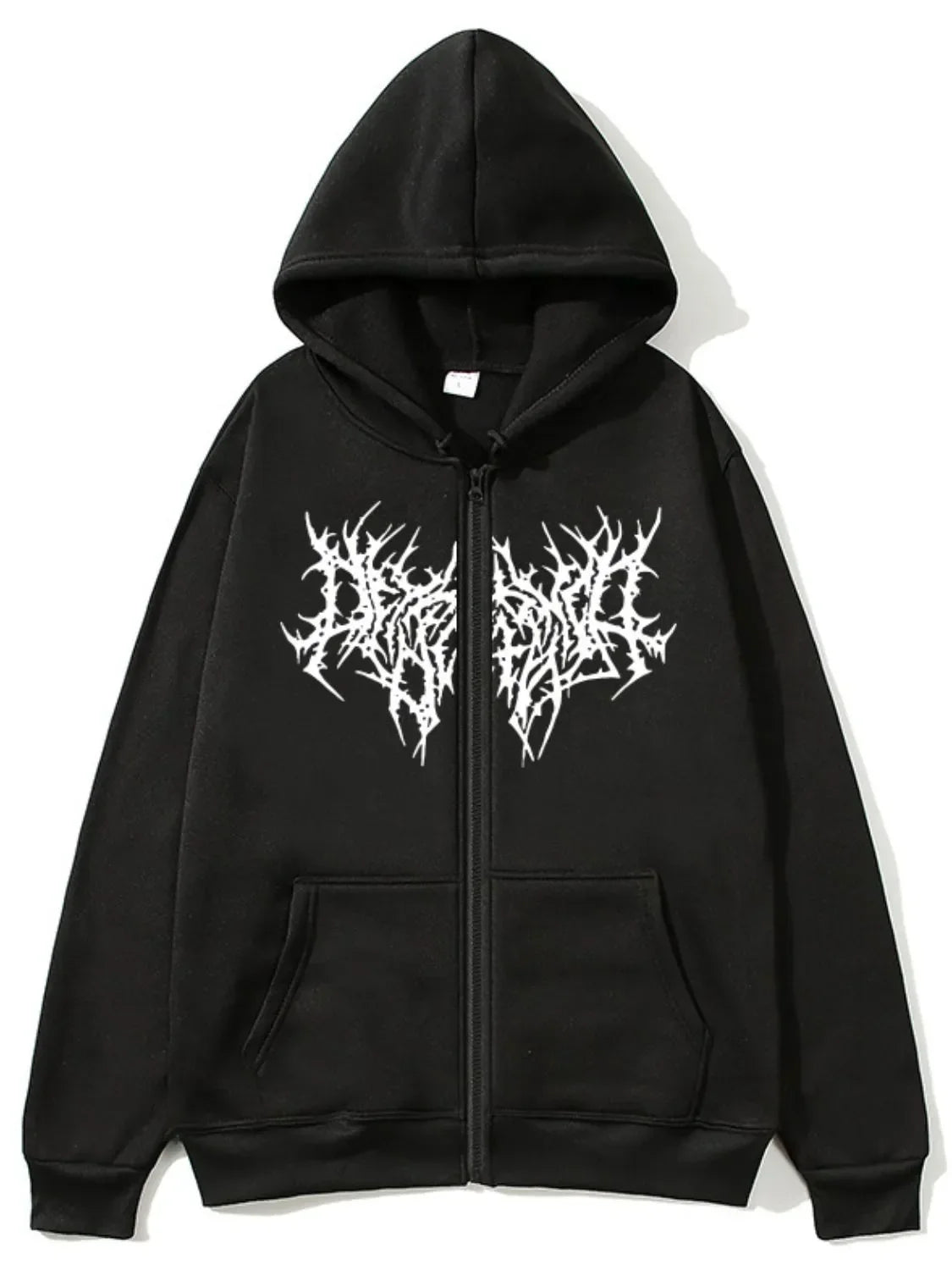 Men's full size zip up long sleeve hoodie in black, slightly stretchy polyester with graphic design.