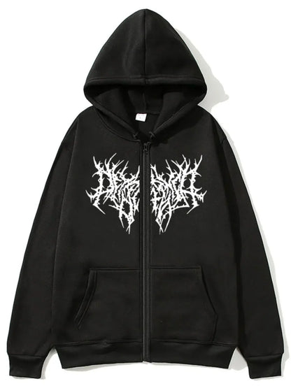 Men's full size zip up long sleeve hoodie in black, slightly stretchy polyester with graphic design.