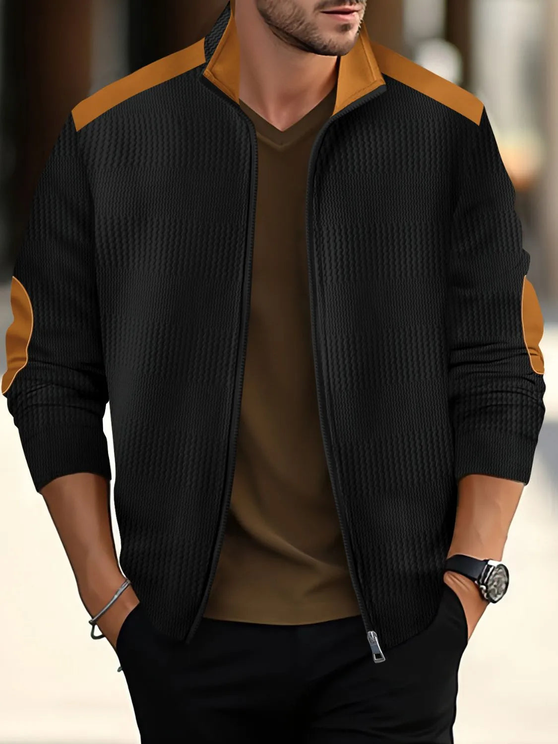 Men's full size zip up long sleeve top in black and orange, made of 100% polyester with a slightly stretchy fit.