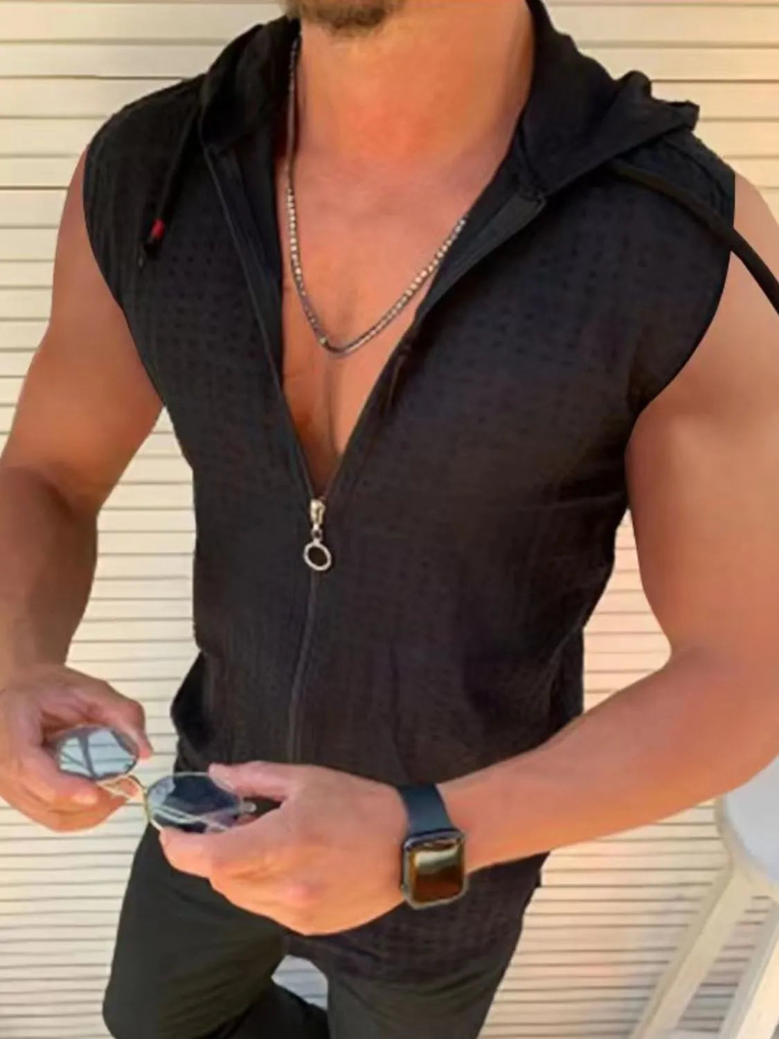 Men's full size zip-up sleeveless hooded top in black, plus size, 100% cotton.