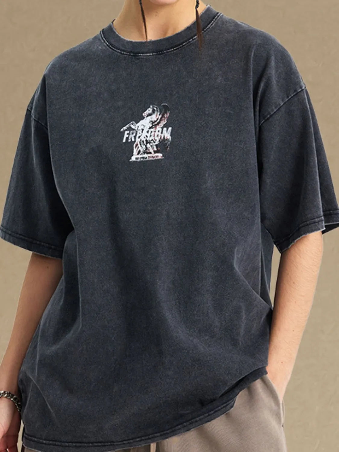 Men's graphic round neck half sleeve t-shirt, slightly stretchy 100% cotton.