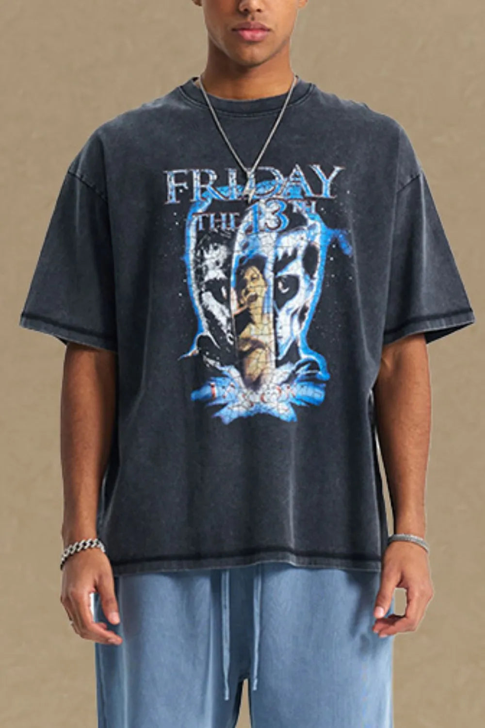 Men's graphic round neck half sleeve t-shirt in black featuring a front design.