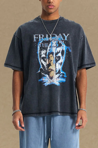 Men's graphic round neck half sleeve t-shirt in black featuring a front design.