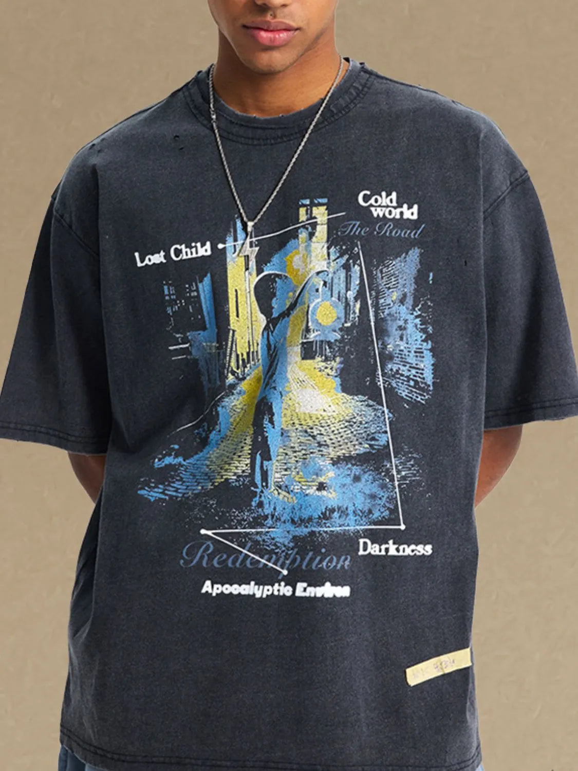 Men's graphic round neck half sleeve t-shirt with urban design, 100% cotton, slightly stretchy.