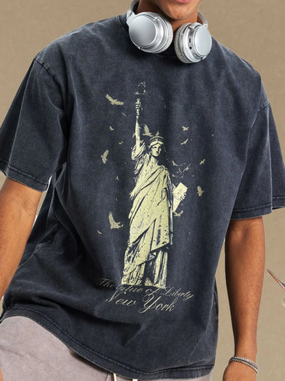 Men's graphic round neck half sleeve t-shirt with Statue of Liberty design.