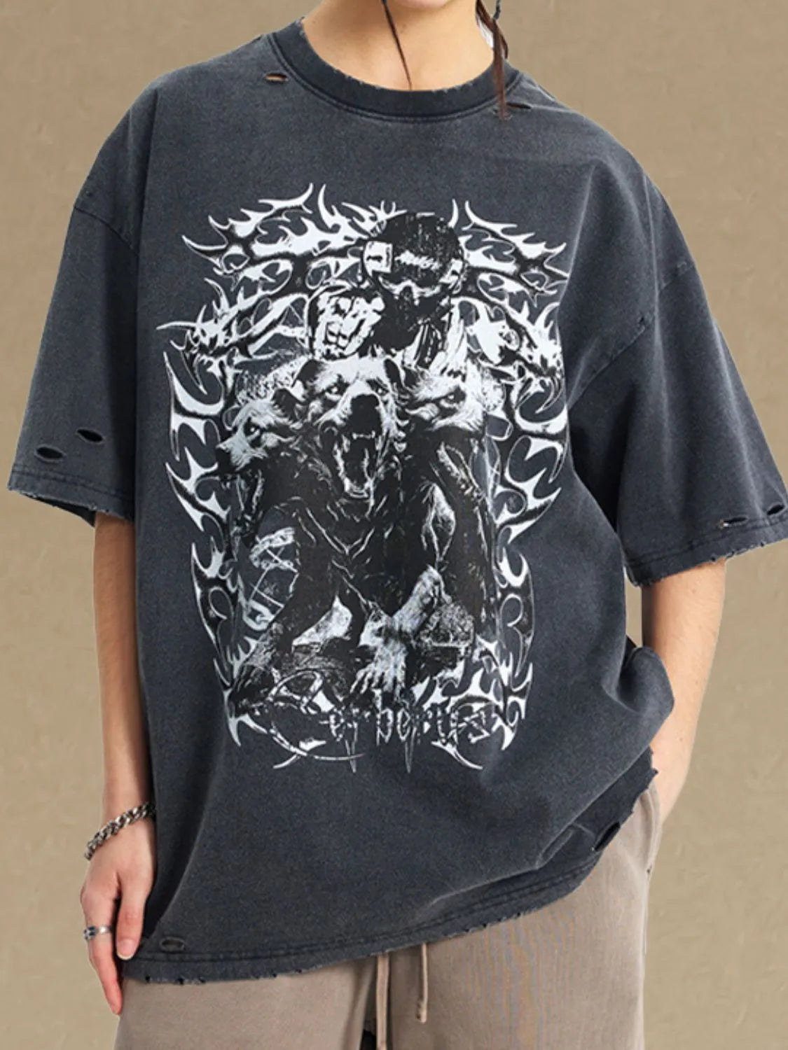 Men's graphic round neck half sleeve t-shirt with bold printed design.