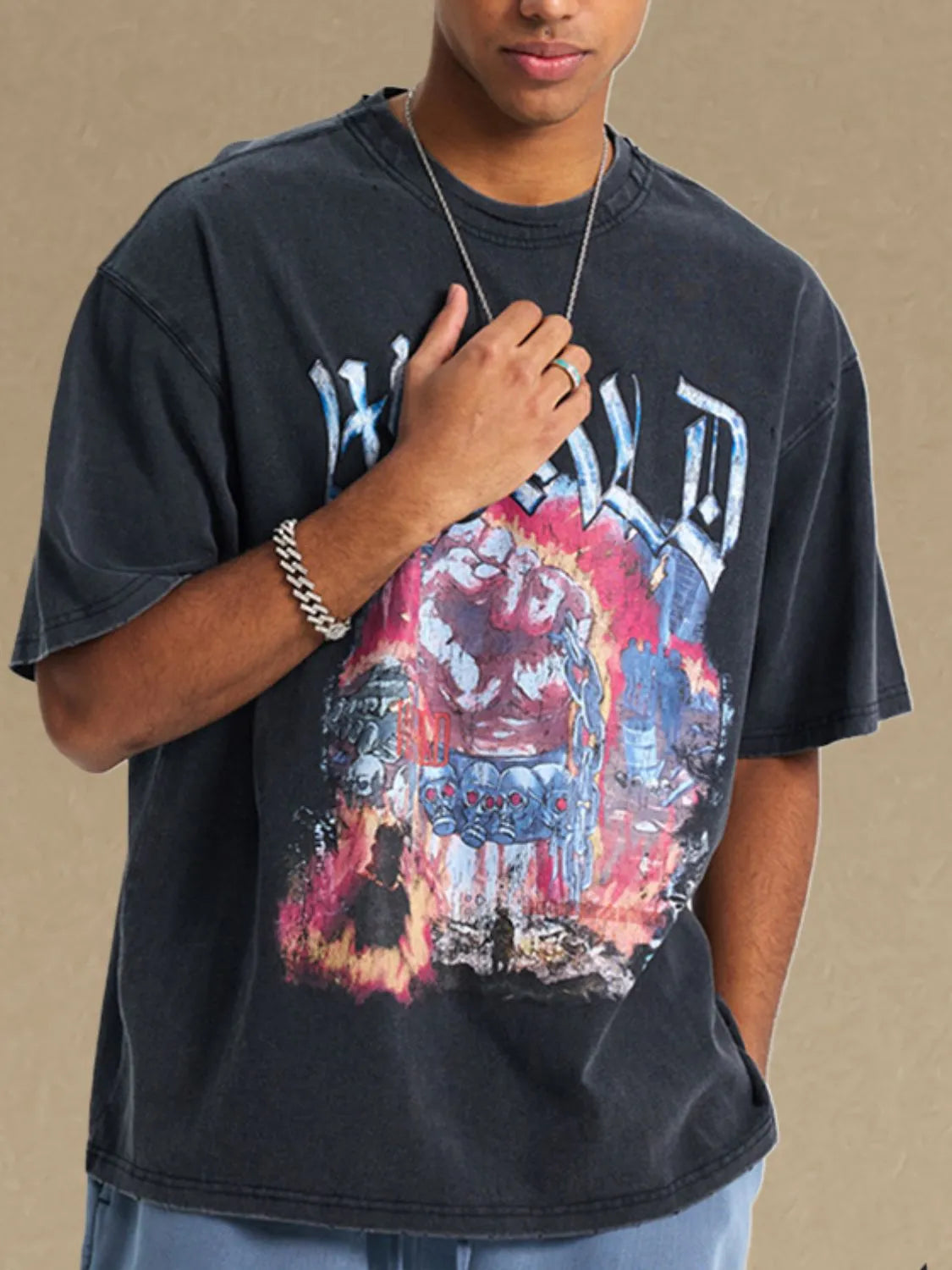 Men's graphic round neck t-shirt in black with vibrant design, half sleeve.