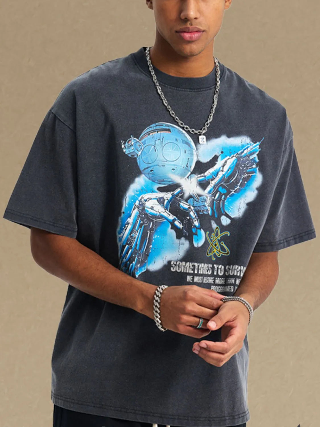 Men's graphic round neck half sleeve t-shirt, slightly stretchy 100% cotton.