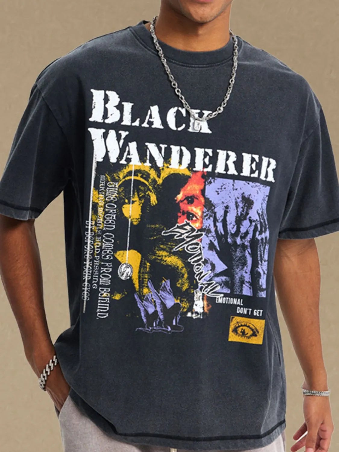 Men's Graphic Round Neck Half Sleeve T-Shirt in black with colorful print, 100% cotton.