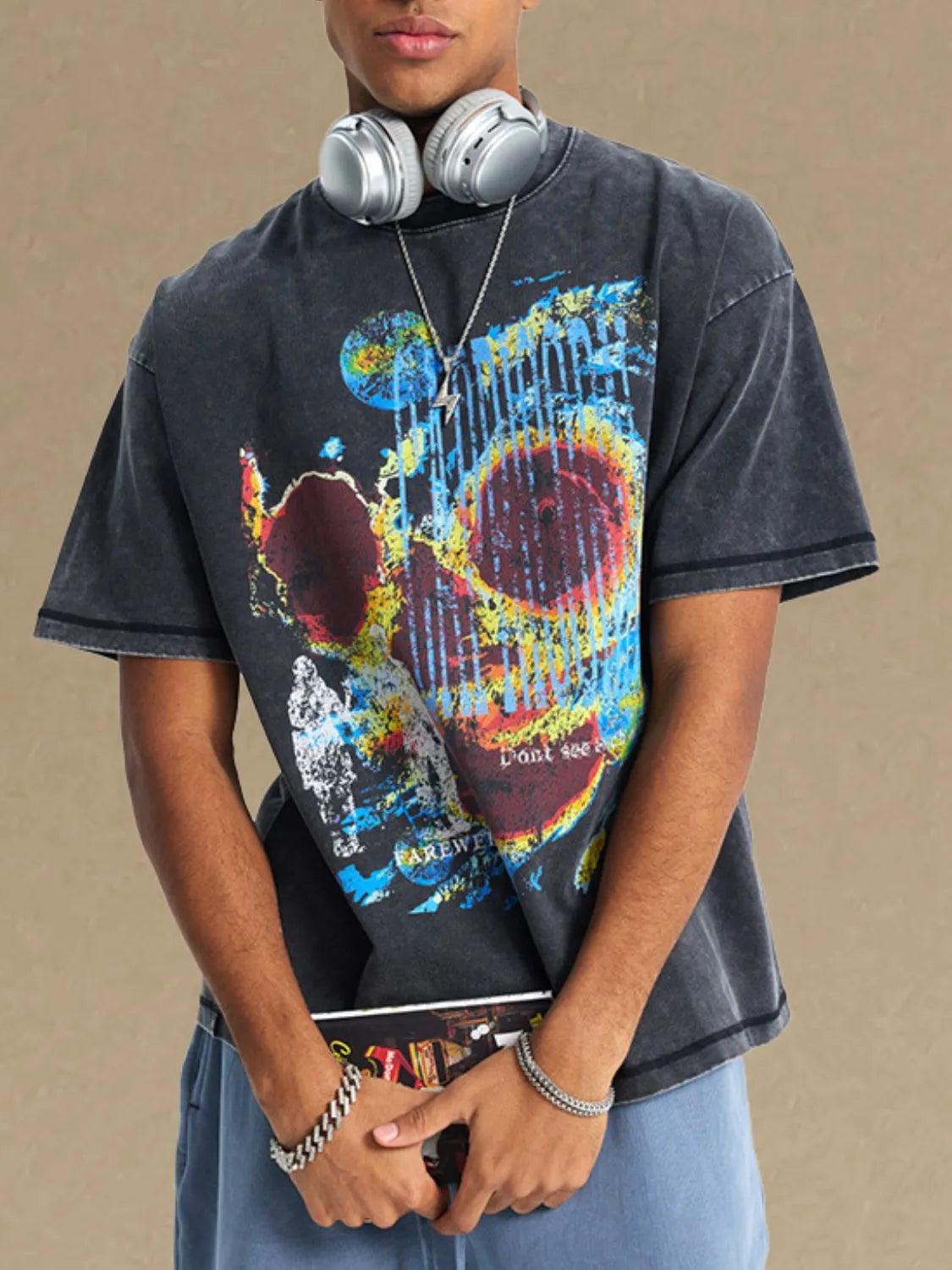 Men's graphic round neck half sleeve t-shirt, slightly stretchy cotton, colorful design.