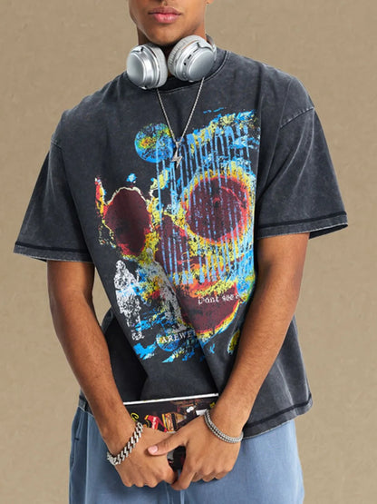 Men's graphic round neck half sleeve t-shirt, slightly stretchy cotton, colorful design.