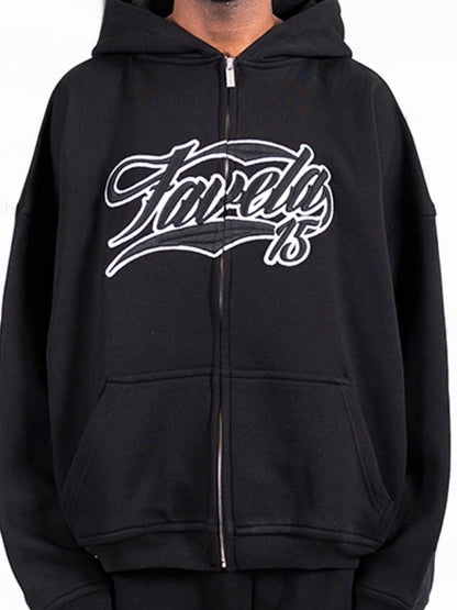 Men's letter embroidered zip-up hoodie with pockets, black, long sleeves.