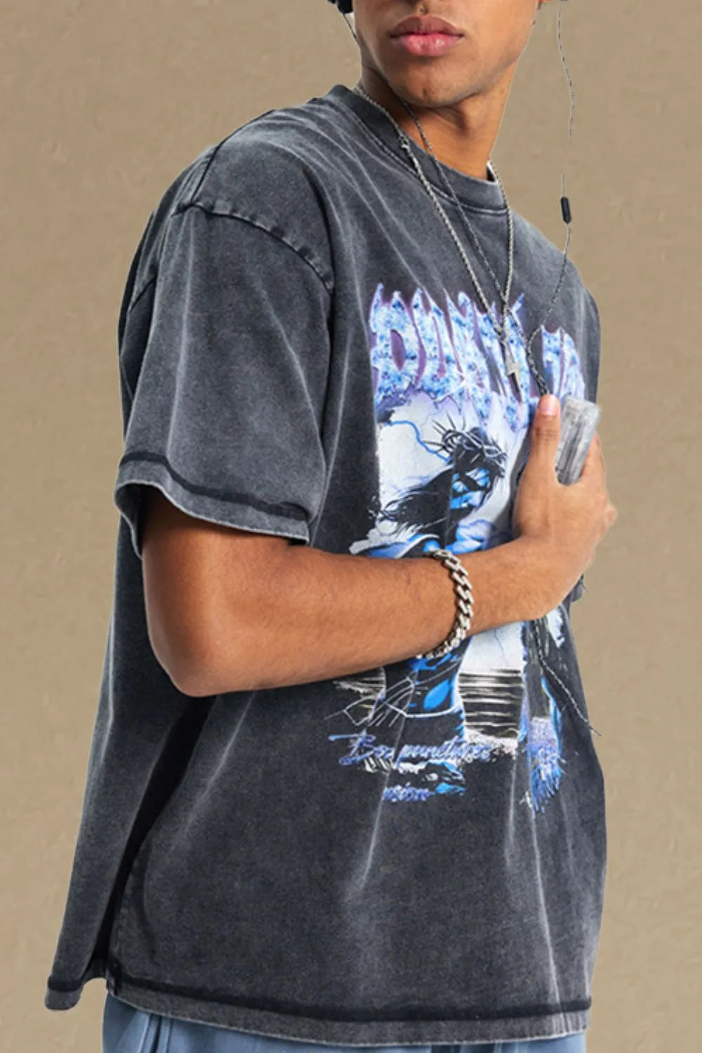 Men's round neck half sleeve graphic T-shirt in black.