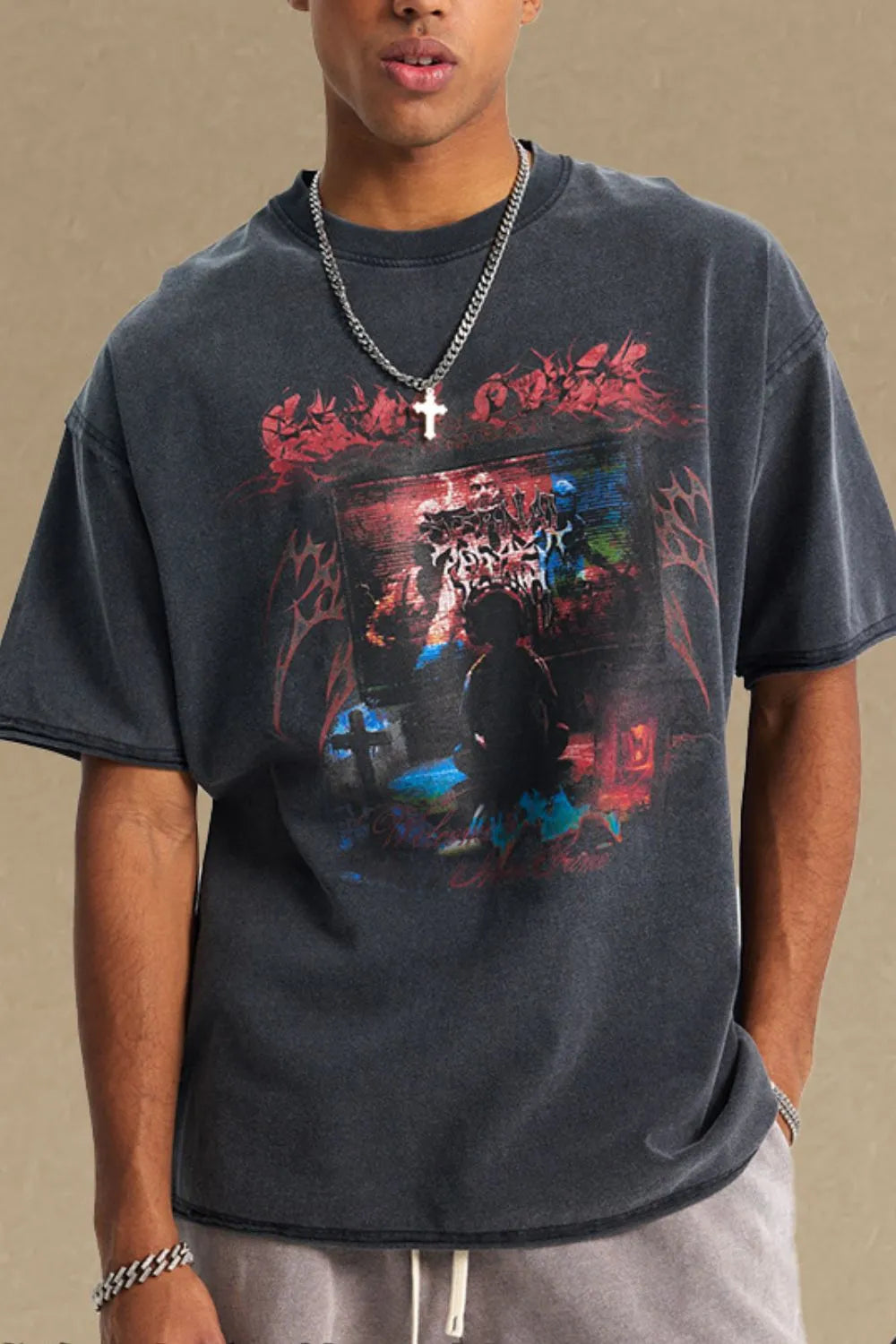Men's round neck half sleeve graphic T-shirt in black cotton.