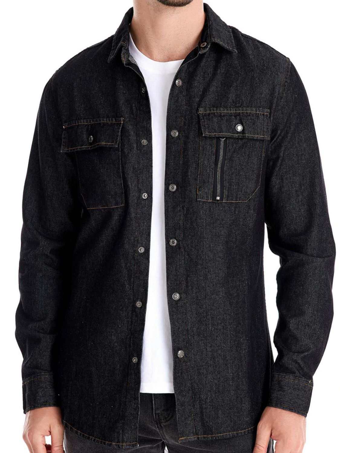 Men's snap down long sleeve denim shirt, black, buttoned and pocketed, 100% cotton.
