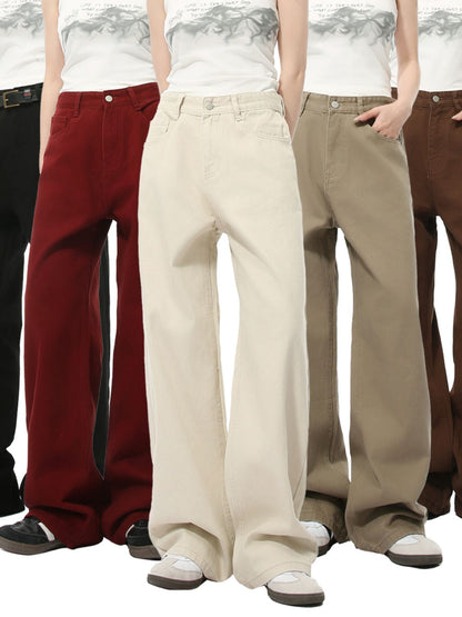 Pocketed wide leg men's jeans in various colors.
