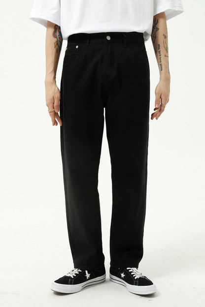 Washed straight-leg slim jeans in black, no stretch, basic style, cotton-polyester blend.