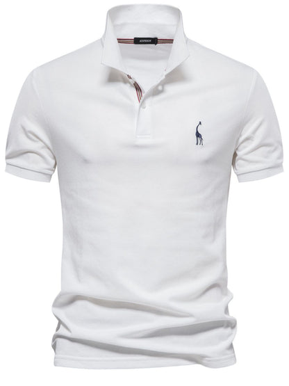 Men's white polo with giraffe embroidery, short sleeves, cotton-polyester blend.