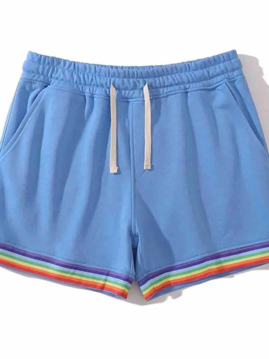 Men's plus size rainbow hem drawstring shorts, featuring cotton-polyester blend and colorful trim.