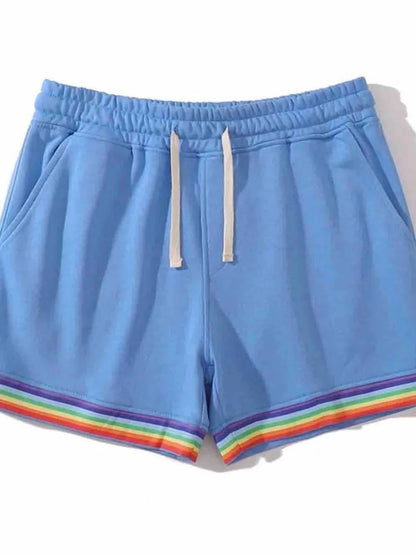 Men's plus size rainbow hem drawstring shorts, featuring cotton-polyester blend and colorful trim.