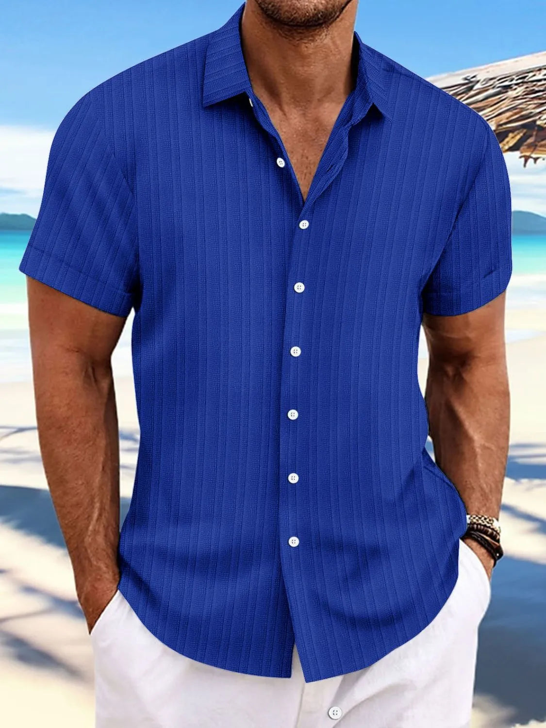 Men's full size button up short sleeve shirt in blue, slightly stretchy cotton blend.