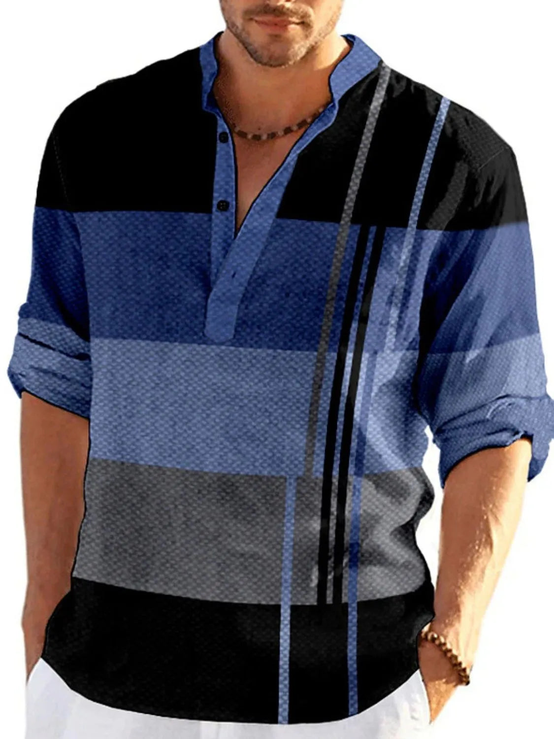 Men's full size color block long sleeve polo, slightly stretchy polyester-cotton blend.