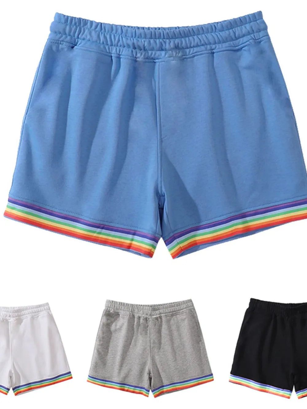 Men's full size elastic waist shorts in various colors with rainbow trim.