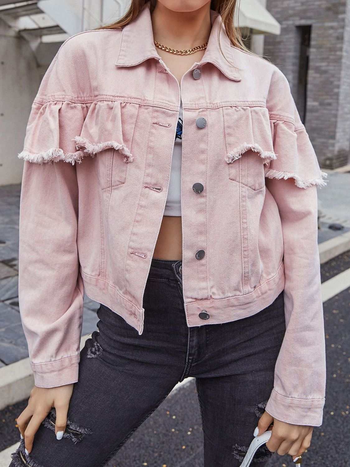 Ruffled collared neck long sleeve denim top with buttoned design.