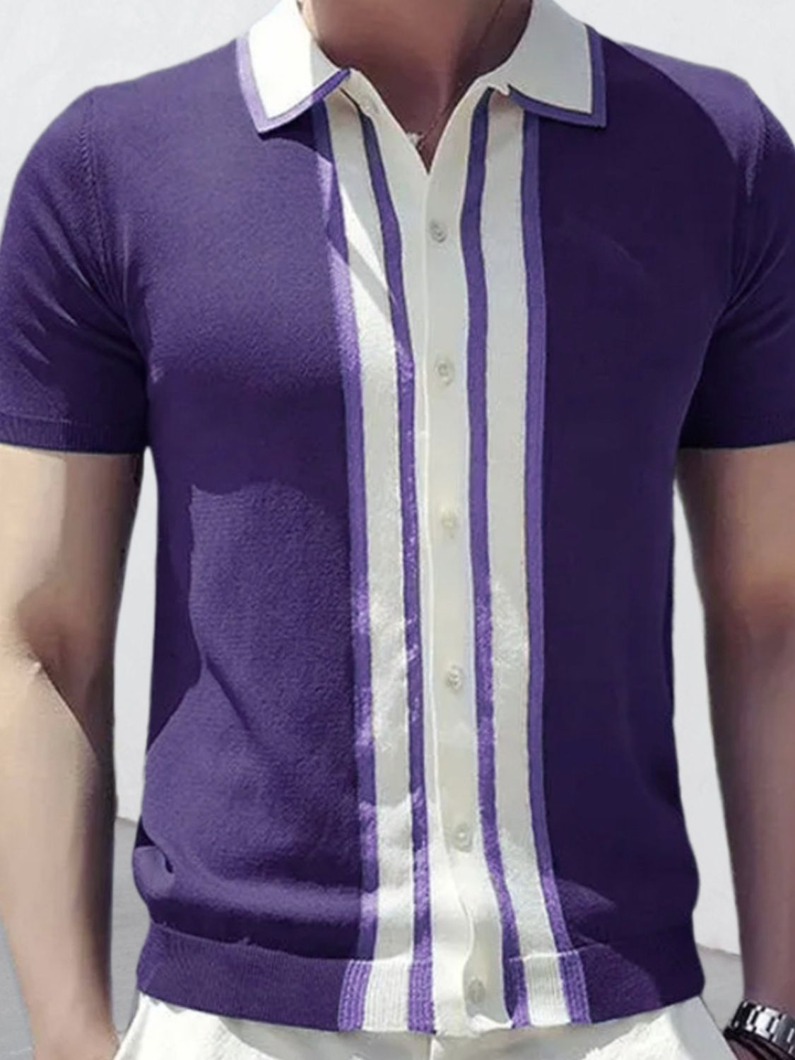 Men's collared neck striped contrast knit polo in purple and white.