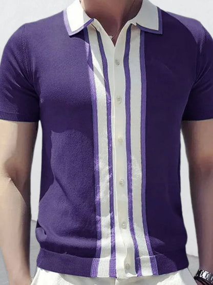 Men's collared neck striped contrast knit polo in purple and white.