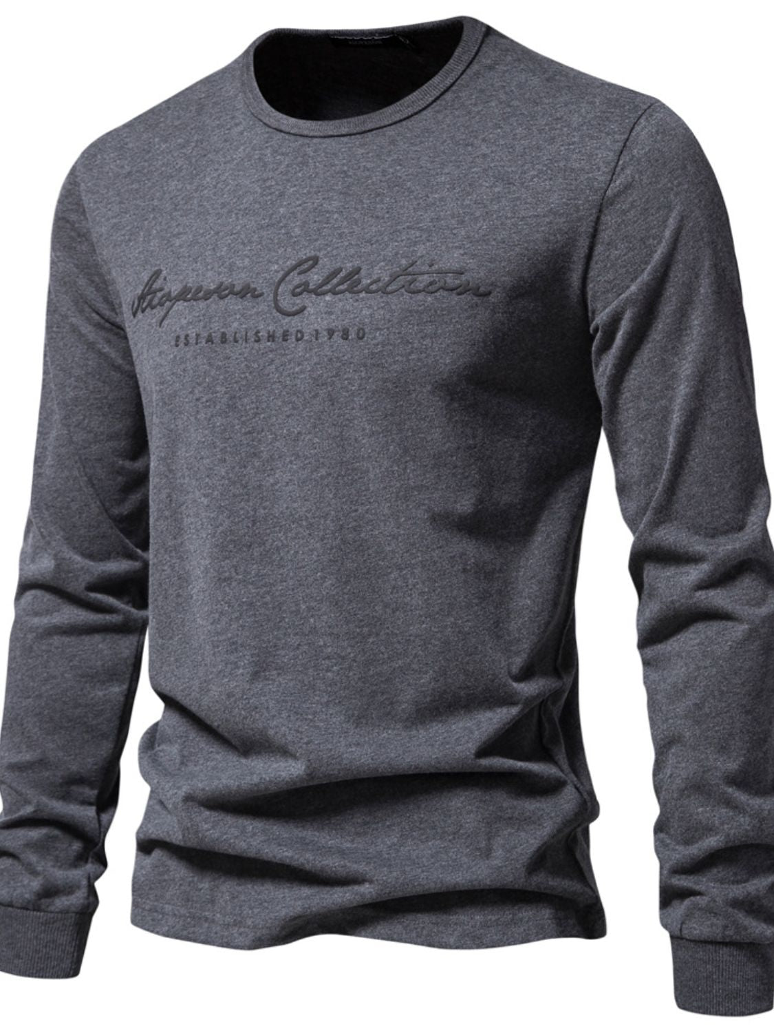 Men's Round Neck Letter Graphic T-Shirt in dark gray cotton fabric.