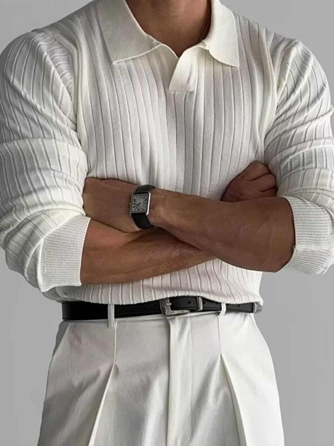 Men's plus size collared neck long sleeve polo in white with moderate stretch, 75% cotton and 25% polyester.