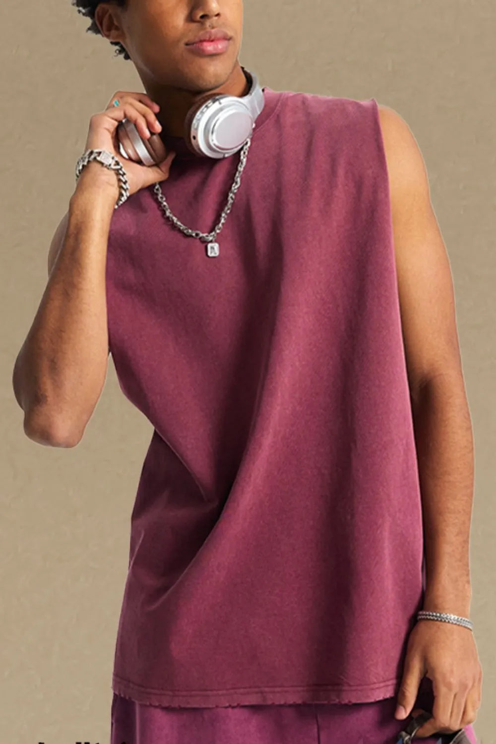 Men's round neck tank top in maroon, cotton fabric, slightly stretchy.