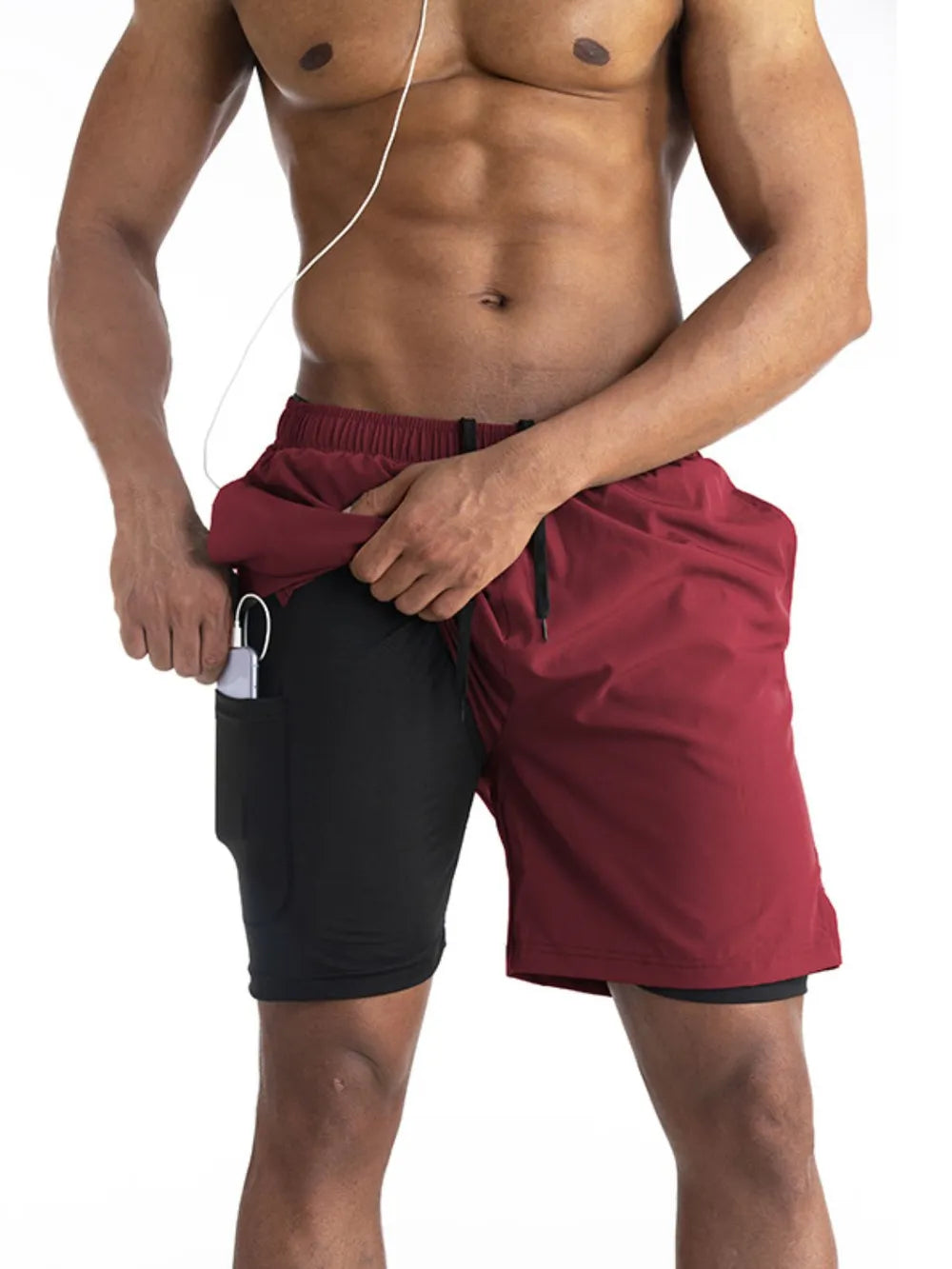Men's drawstring active shorts, two-tone design, featuring stretchy polyester and nylon blend.
