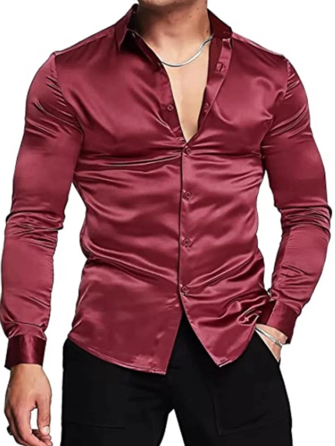 Men's full size button-up long sleeve shirt in red, slightly stretchy polyester.