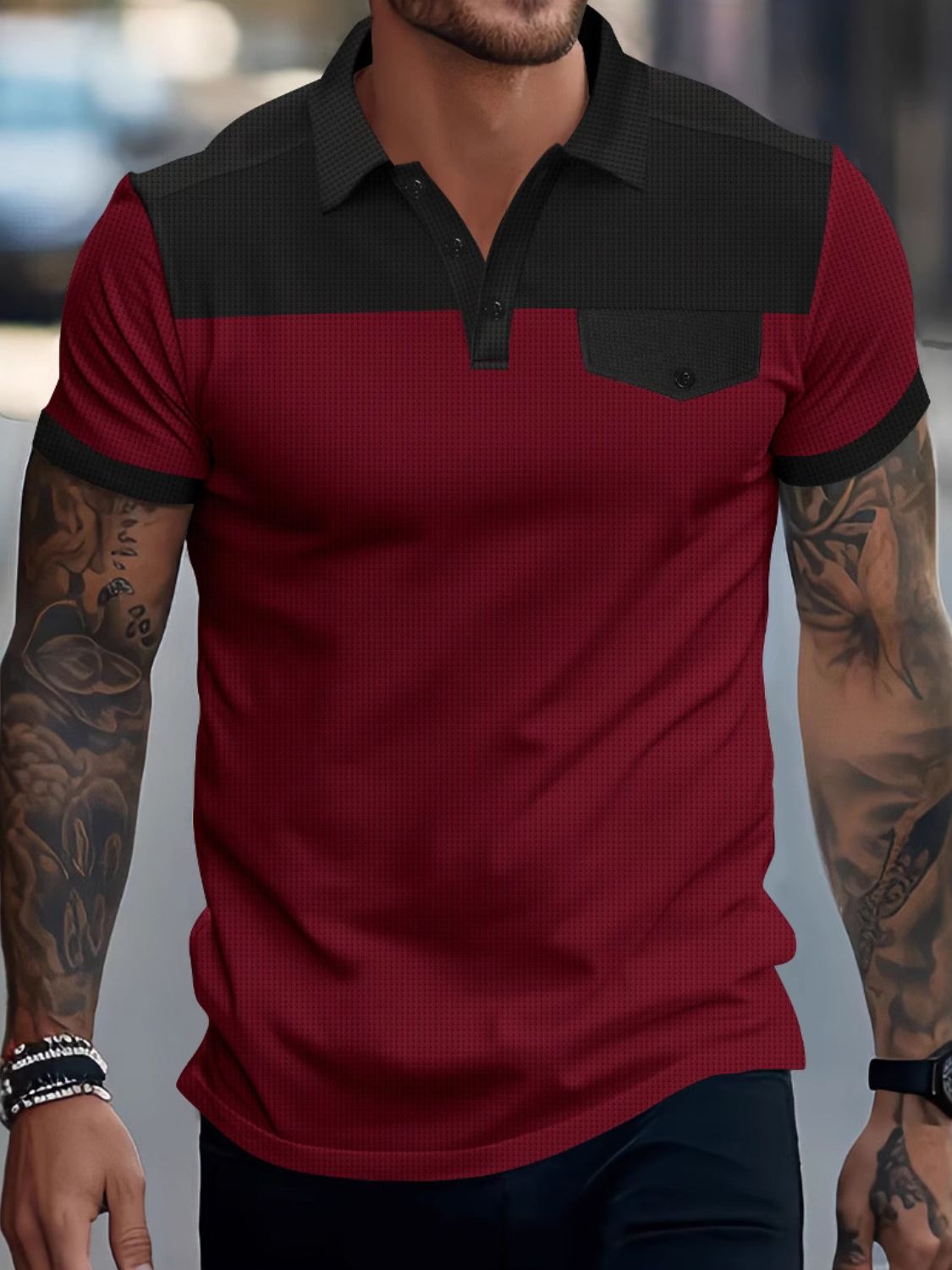 Men's full size waffle-knit collared contrast polo, plus size in red and black.