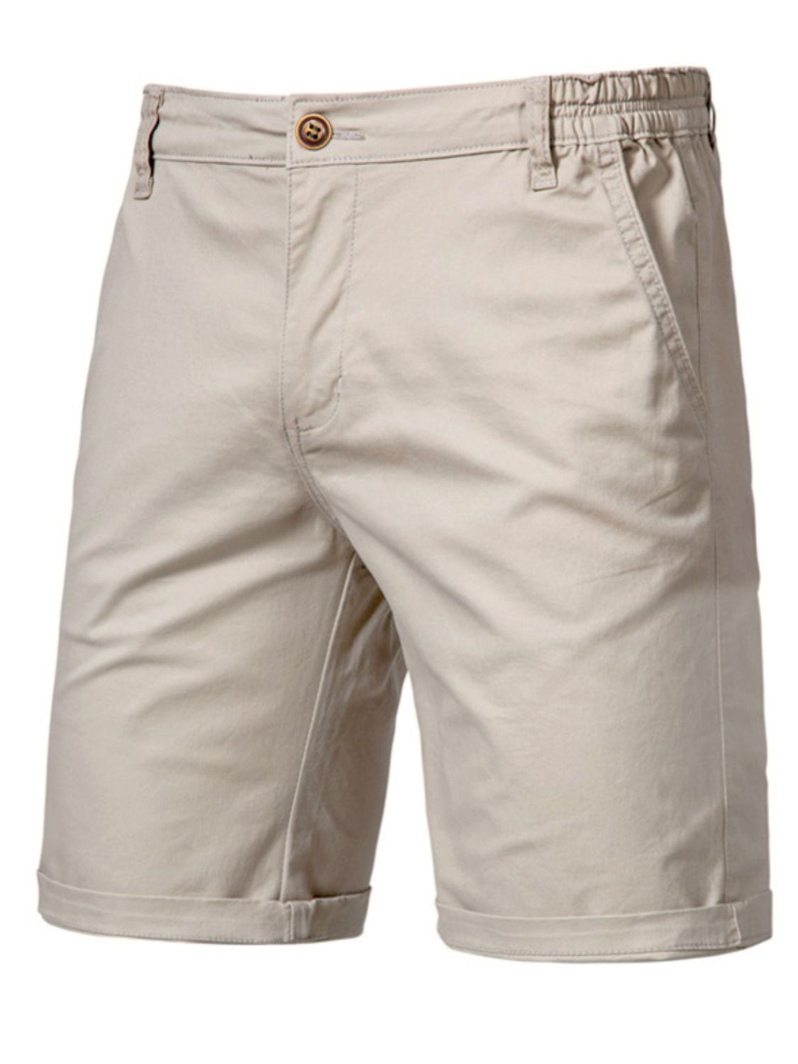 Men's elastic waist shorts with pockets in light khaki, 100% cotton, basic style.