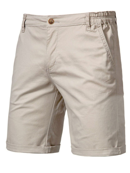 Men's elastic waist shorts with pockets in light khaki, 100% cotton, basic style.