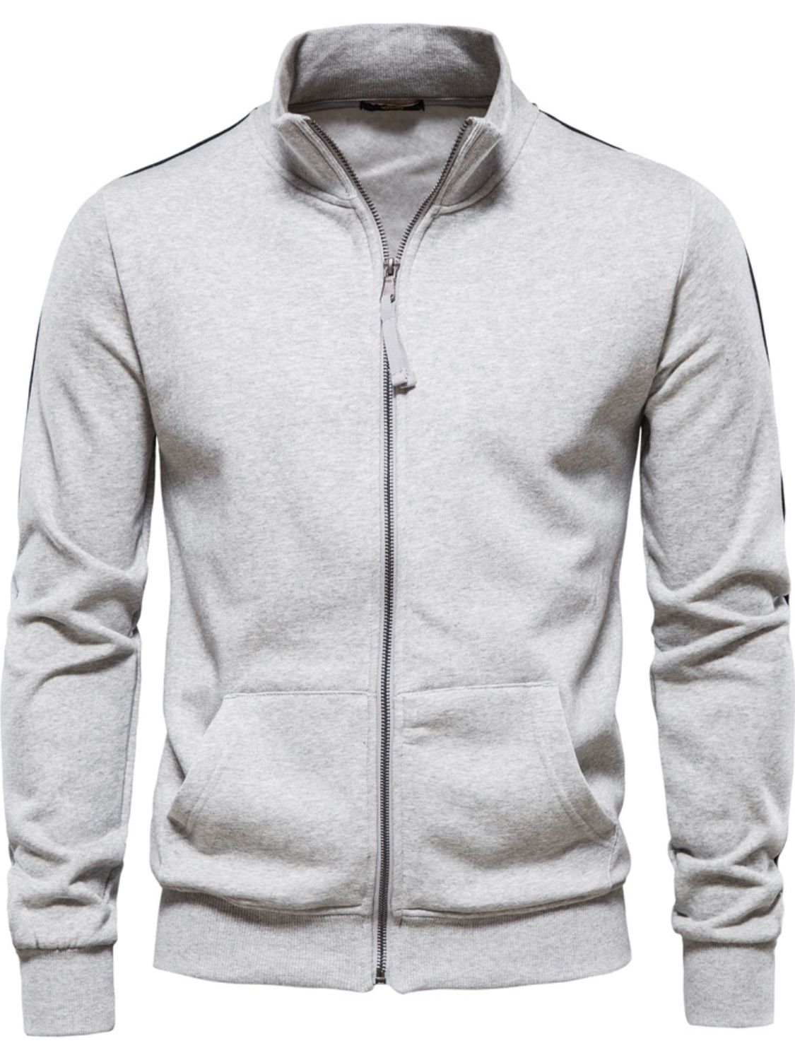 Men's zip-up long sleeve sweatshirt in light gray, featuring slightly stretchy cotton-polyester blend with basic style.