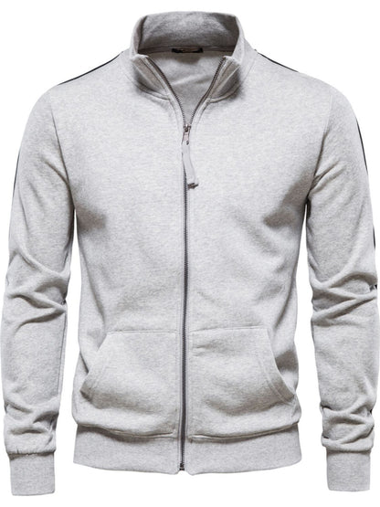 Men's zip-up long sleeve sweatshirt in light gray, featuring slightly stretchy cotton-polyester blend with basic style.