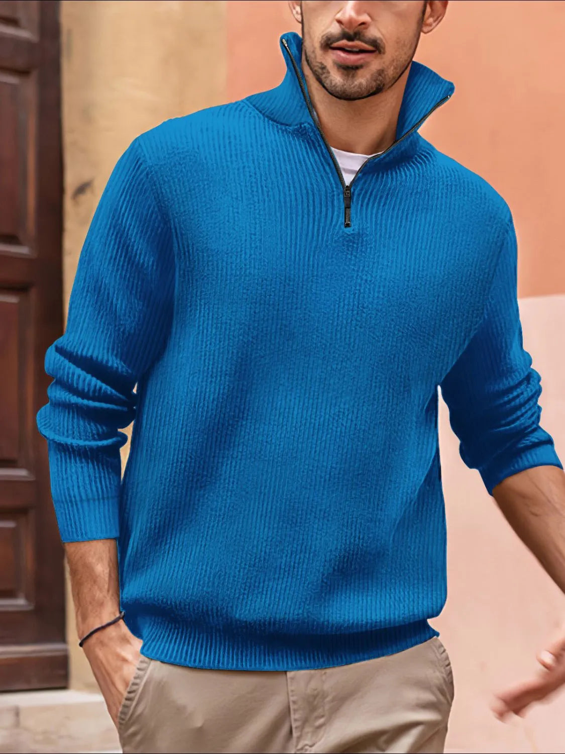 Men's blue quarter zip long sleeve top in plus size, moderate stretch.
