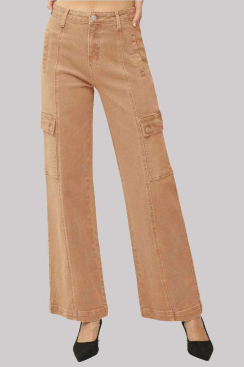 Full Size High Rise Wide Leg Cargo Jeans with pockets, front view.