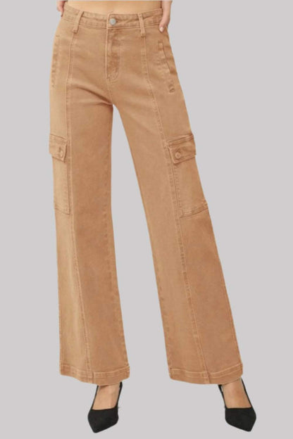 Full Size High Rise Wide Leg Cargo Jeans with pockets, front view.