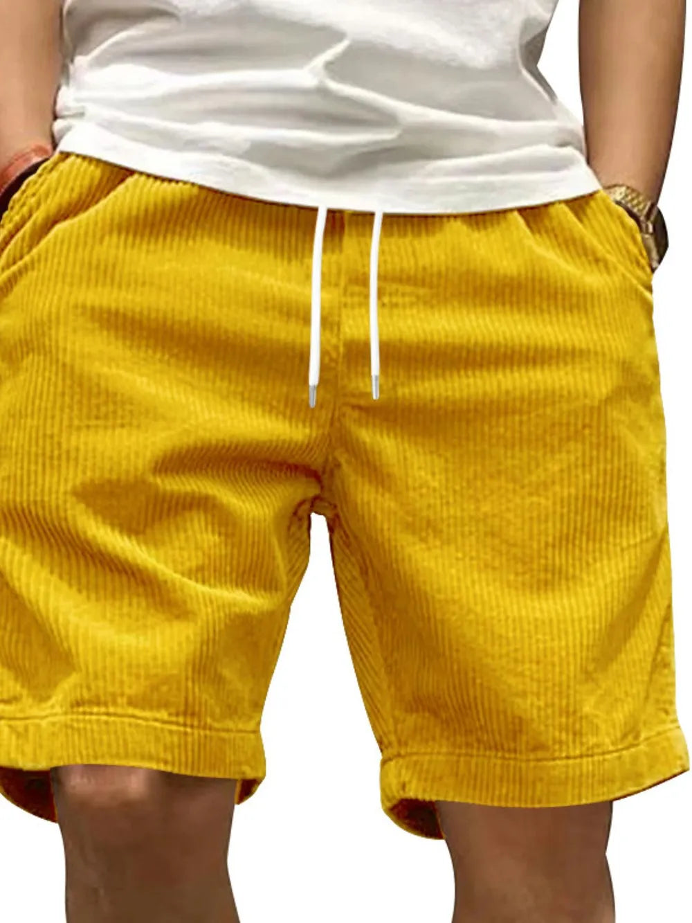 Men's drawstring shorts in yellow with pockets, featuring polyester and cotton blend.