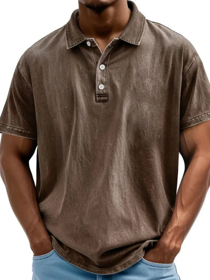 Men's full size collared neck short sleeve polo in brown, slightly stretchy 100% cotton.