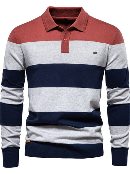 Men's striped long sleeve knit polo with basic style, slightly stretchy fabric, and a mix of cotton and elastane.